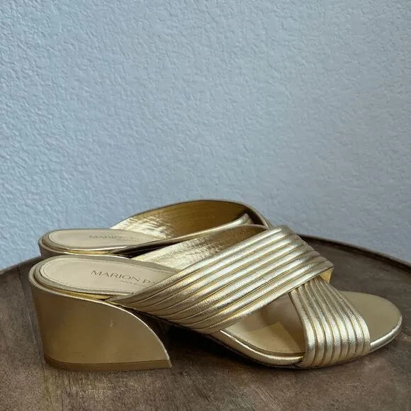 Marion Parke Soft Gold Leather Izzy Criss-Cross Block Heel Sandals Women's 37 US