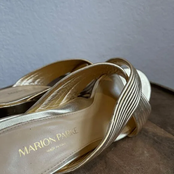 Marion Parke Soft Gold Leather Izzy Criss-Cross Block Heel Sandals Women's 37 US