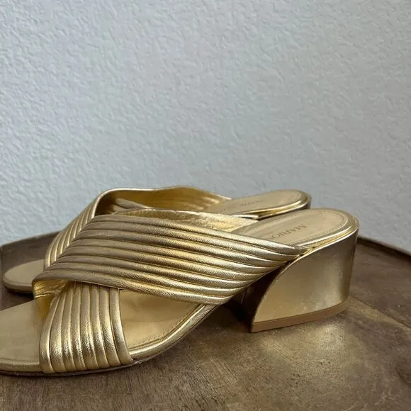 Marion Parke Soft Gold Leather Izzy Criss-Cross Block Heel Sandals Women's 37 US