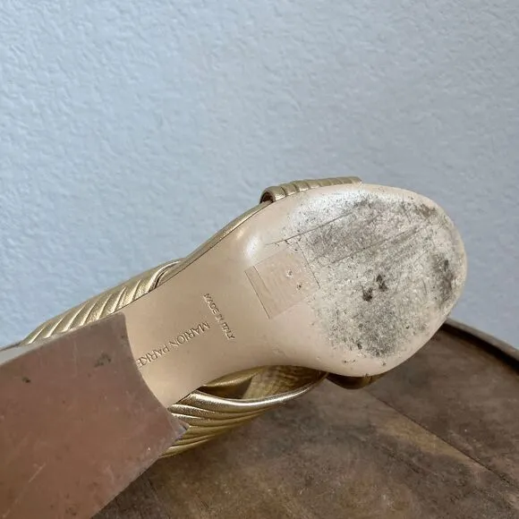 Marion Parke Soft Gold Leather Izzy Criss-Cross Block Heel Sandals Women's 37 US