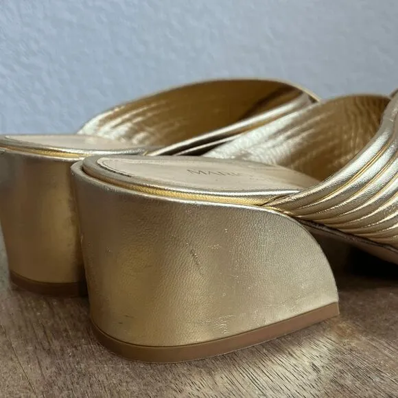 Marion Parke Soft Gold Leather Izzy Criss-Cross Block Heel Sandals Women's 37 US