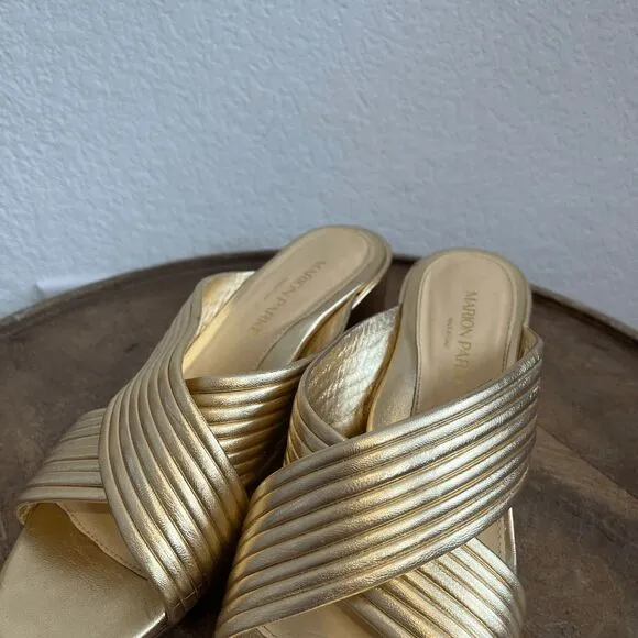 Marion Parke Soft Gold Leather Izzy Criss-Cross Block Heel Sandals Women's 37 US