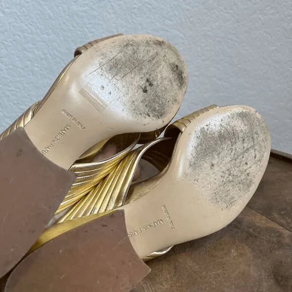 Marion Parke Soft Gold Leather Izzy Criss-Cross Block Heel Sandals Women's 37 US