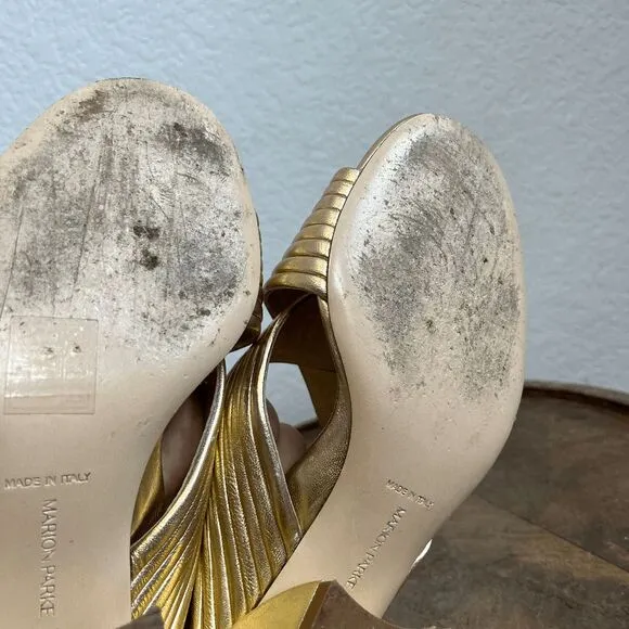 Marion Parke Soft Gold Leather Izzy Criss-Cross Block Heel Sandals Women's 37 US