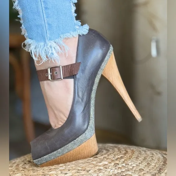 Marni Brown Leather Shoes distressed high heels wooden platform
