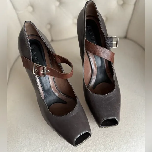 Marni Brown Leather Shoes distressed high heels wooden platform
