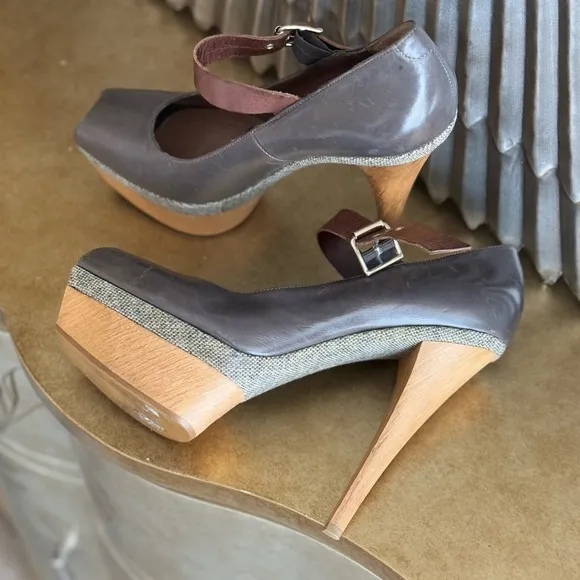 Marni Brown Leather Shoes distressed high heels wooden platform