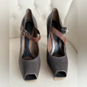 Marni Brown Leather Shoes distressed high heels wooden platform