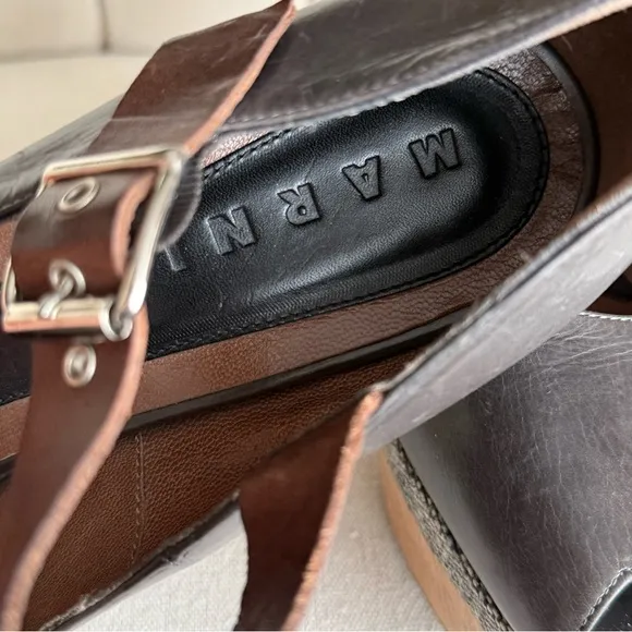 Marni Brown Leather Shoes distressed high heels wooden platform