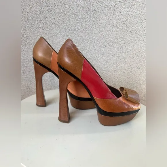 MARNI heel 6” shoes pumps open toe bow platform base Sz 9 colorblock leather.
