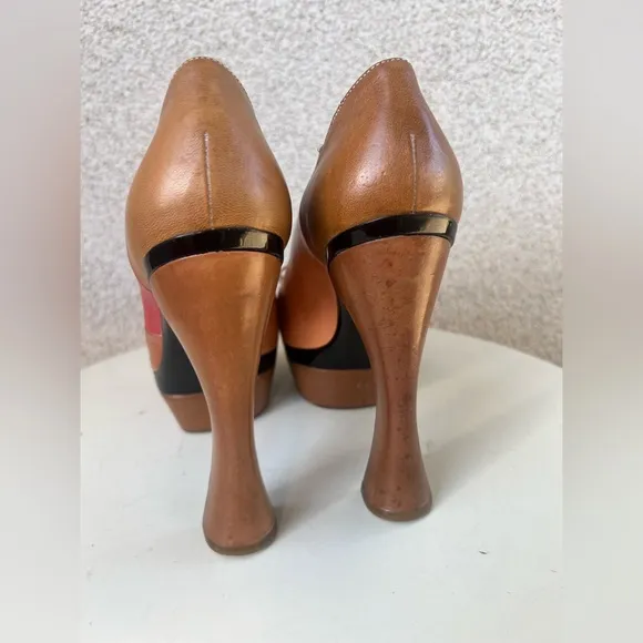 MARNI heel 6” shoes pumps open toe bow platform base Sz 9 colorblock leather.