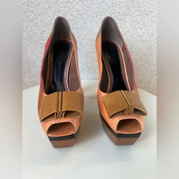 MARNI heel 6” shoes pumps open toe bow platform base Sz 9 colorblock leather.