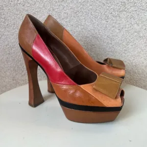 MARNI heel 6” shoes pumps open toe bow platform base Sz 9 colorblock leather.