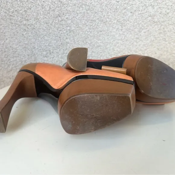 MARNI heel 6” shoes pumps open toe bow platform base Sz 9 colorblock leather.