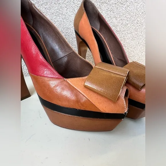 MARNI heel 6” shoes pumps open toe bow platform base Sz 9 colorblock leather.
