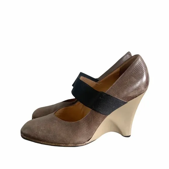 Marni Vintage Grunge Y2K 2000’s Brown Leather‎ Mary Jane Elastic Wedge Heels