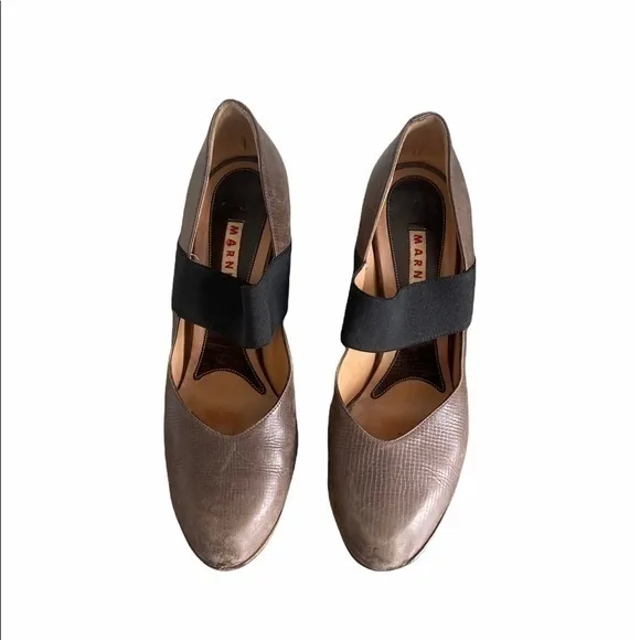 Marni Vintage Grunge Y2K 2000’s Brown Leather‎ Mary Jane Elastic Wedge Heels