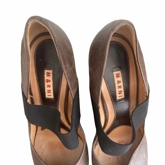 Marni Vintage Grunge Y2K 2000’s Brown Leather‎ Mary Jane Elastic Wedge Heels