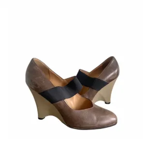 Marni Vintage Grunge Y2K 2000’s Brown Leather‎ Mary Jane Elastic Wedge Heels