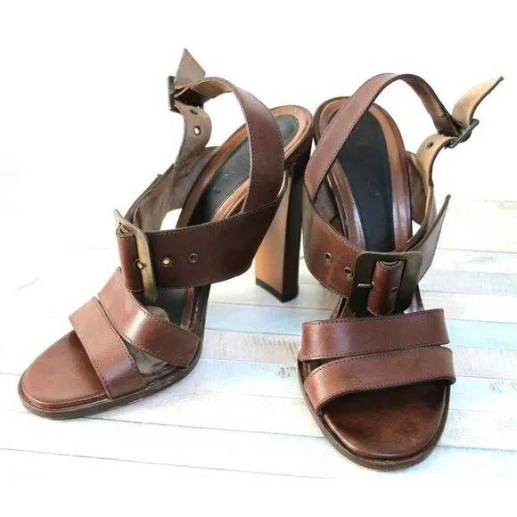 Marni BROWN GENUINE LEATHER SUEDE 4.5&quot; HEEL WOMEN'S SANDALS SLINGBACK Sz 38