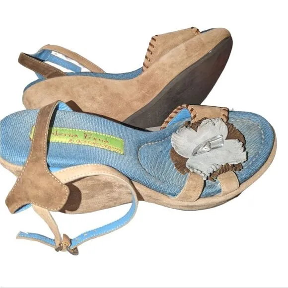 Materia Prima tan suede wedge sandals with flower details