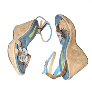 Materia Prima tan suede wedge sandals with flower details