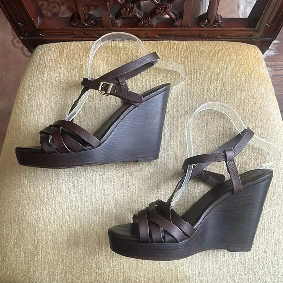 Max Mara Chocolate Brown Leather, Wedge Strappy Sandals Size EU39 US 8.5