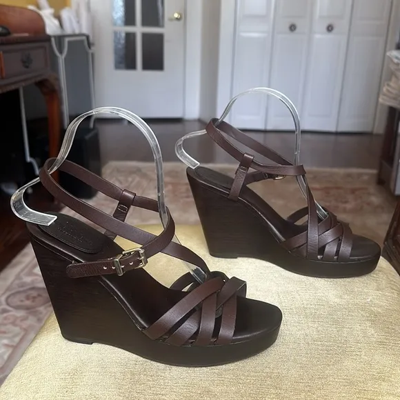 Max Mara Chocolate Brown Leather, Wedge Strappy Sandals Size EU39 US 8.5