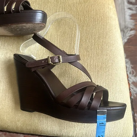 Max Mara Chocolate Brown Leather, Wedge Strappy Sandals Size EU39 US 8.5