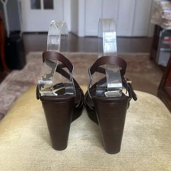 Max Mara Chocolate Brown Leather, Wedge Strappy Sandals Size EU39 US 8.5