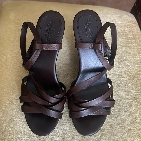 Max Mara Chocolate Brown Leather, Wedge Strappy Sandals Size EU39 US 8.5
