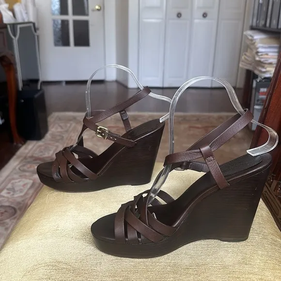 Max Mara Chocolate Brown Leather, Wedge Strappy Sandals Size EU39 US 8.5