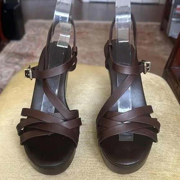 Max Mara Chocolate Brown Leather, Wedge Strappy Sandals Size EU39 US 8.5