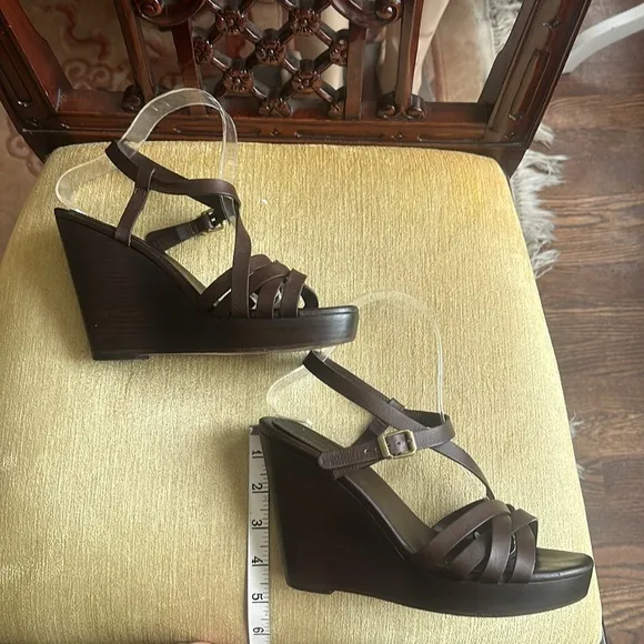 Max Mara Chocolate Brown Leather, Wedge Strappy Sandals Size EU39 US 8.5