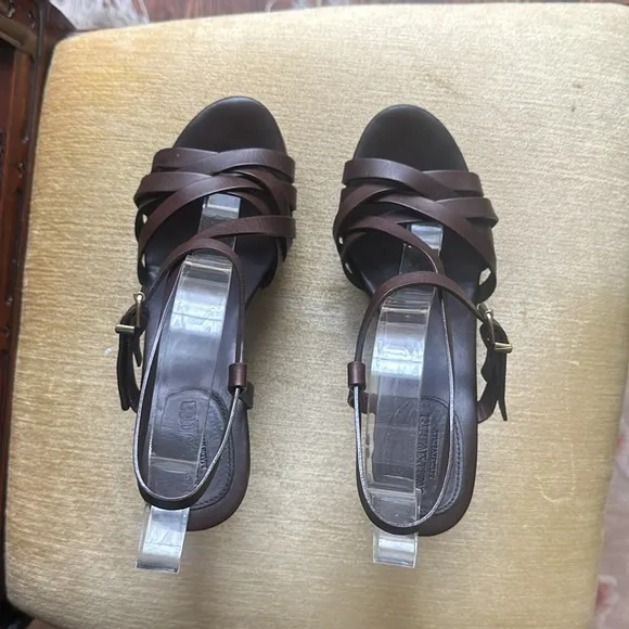 Max Mara Chocolate Brown Leather, Wedge Strappy Sandals Size EU39 US 8.5