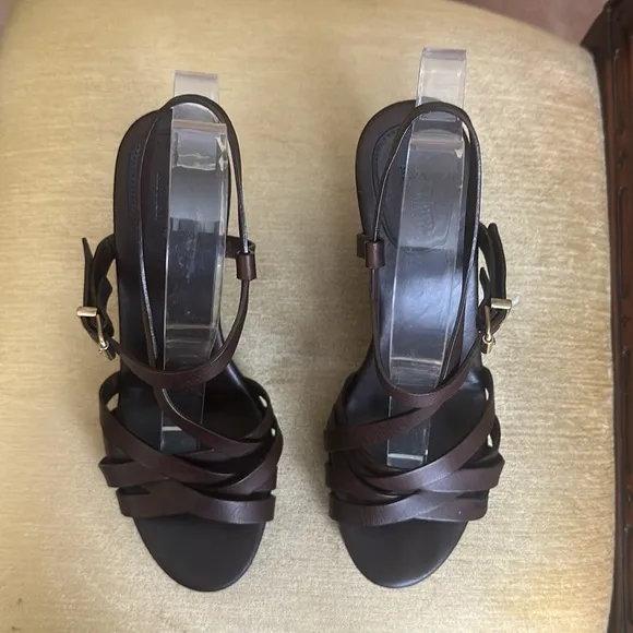 Max Mara Chocolate Brown Leather, Wedge Strappy Sandals Size EU39 US 8.5
