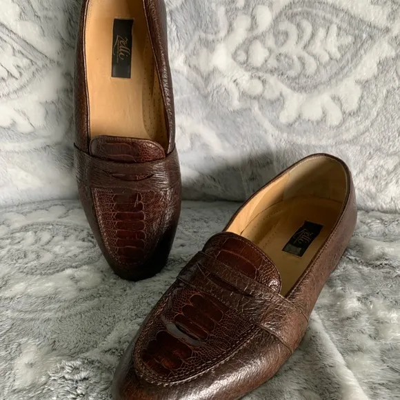 Men's Zelli Italy Brown ostrich Leather Penny Loafers 11 M