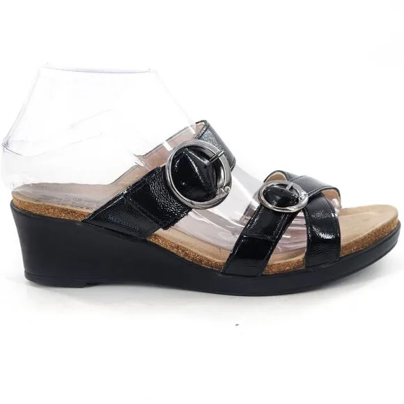 MEPHISTO Black Patent Leather Wedge Sandals