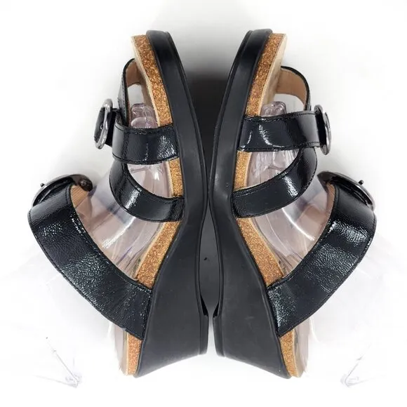 MEPHISTO Black Patent Leather Wedge Sandals