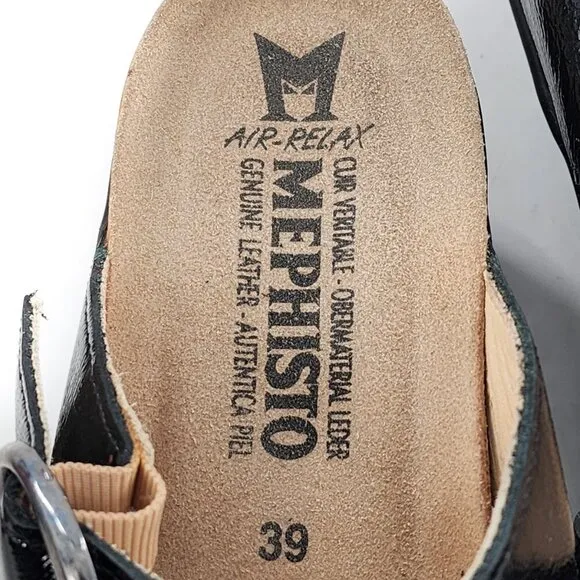 MEPHISTO Black Patent Leather Wedge Sandals