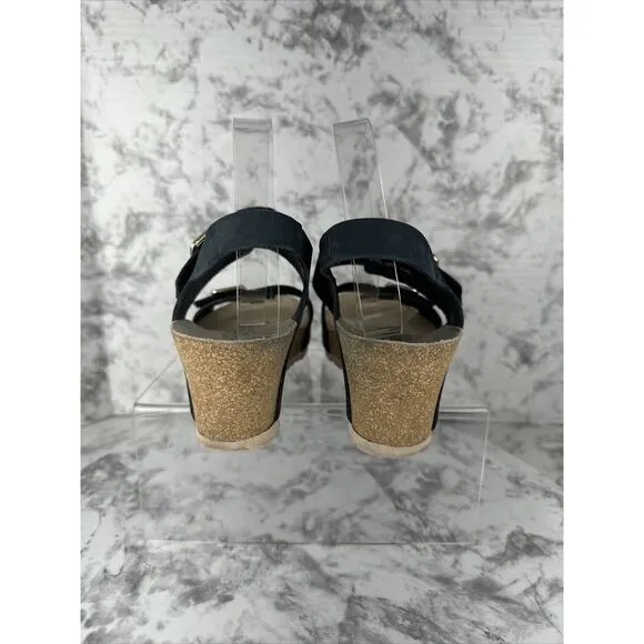 Mephisto Women Lissandra Cork Wedge Sandals Size EU 41 US 11 Solid Black Leather