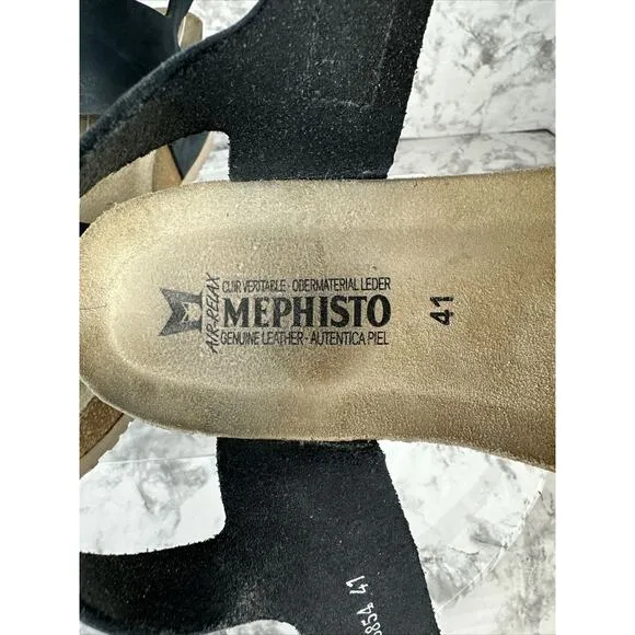 Mephisto Women Lissandra Cork Wedge Sandals Size EU 41 US 11 Solid Black Leather