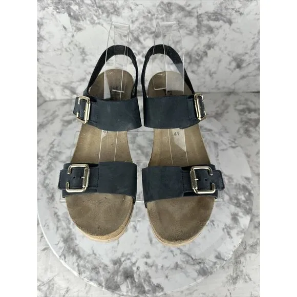 Mephisto Women Lissandra Cork Wedge Sandals Size EU 41 US 11 Solid Black Leather