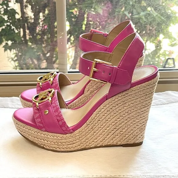 Michael Kors 6 MK Rory Espadrille Wedge Platform Sandals Cerise Pink Gold Logo