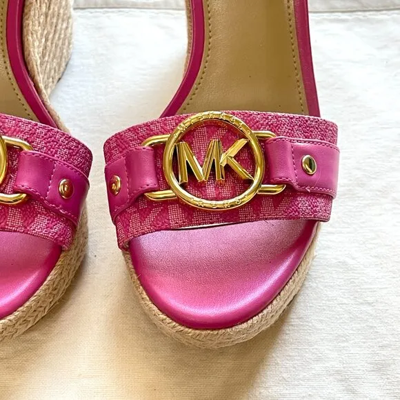 Michael Kors 6 MK Rory Espadrille Wedge Platform Sandals Cerise Pink Gold Logo