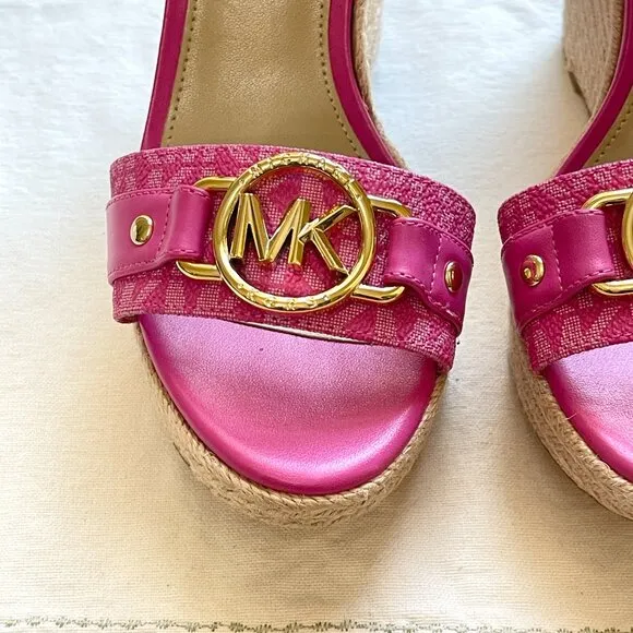 Michael Kors 6 MK Rory Espadrille Wedge Platform Sandals Cerise Pink Gold Logo