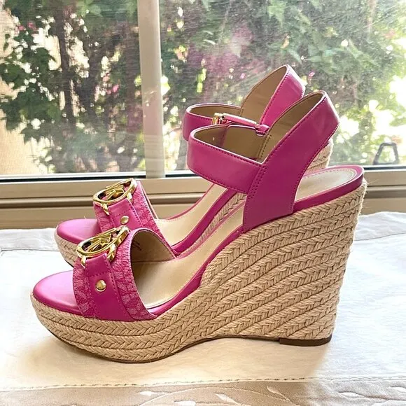 Michael Kors 6 MK Rory Espadrille Wedge Platform Sandals Cerise Pink Gold Logo