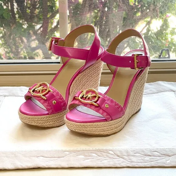 Michael Kors 6 MK Rory Espadrille Wedge Platform Sandals Cerise Pink Gold Logo
