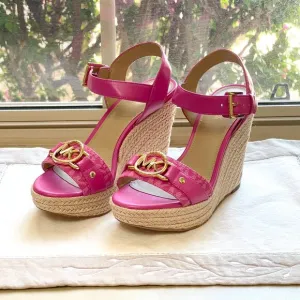 Michael Kors 6 MK Rory Espadrille Wedge Platform Sandals Cerise Pink Gold Logo