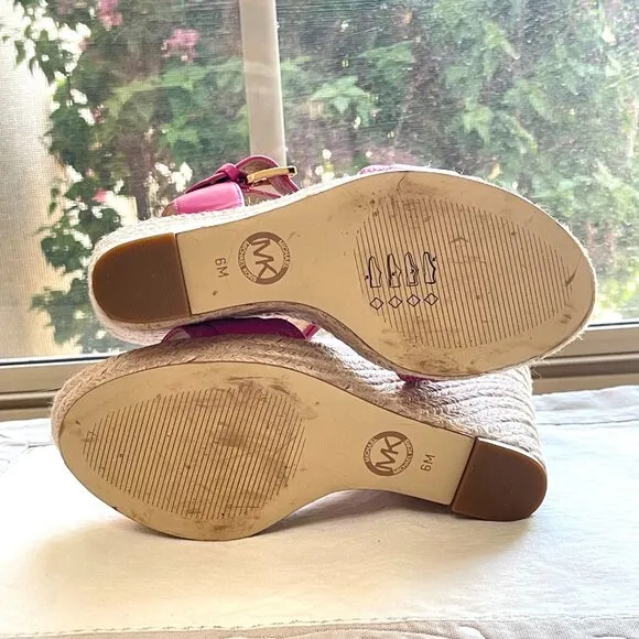 Michael Kors 6 MK Rory Espadrille Wedge Platform Sandals Cerise Pink Gold Logo